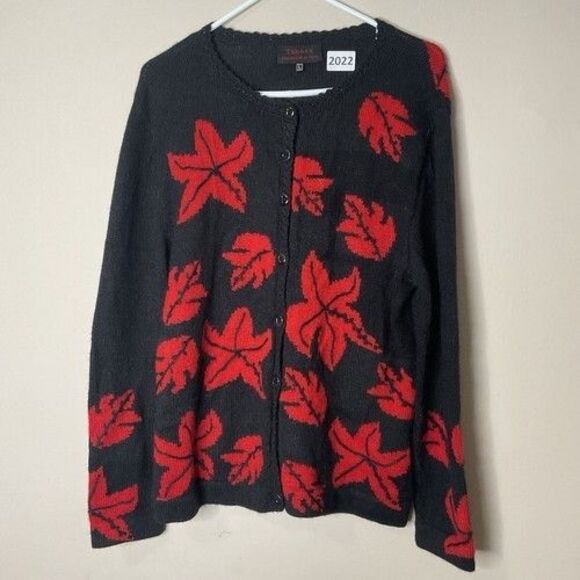 NWI Handmade Tabask Alpaca Blend Button Front Cardigan Women Large Black/Red - Picture 8 of 9